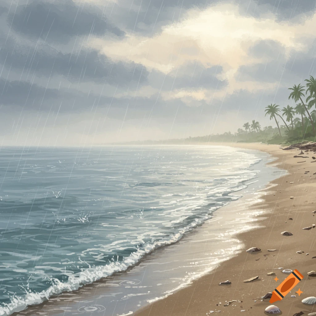 A serene beach scene with ocean waves, palm trees, and light rain falling under a cloudy sky.