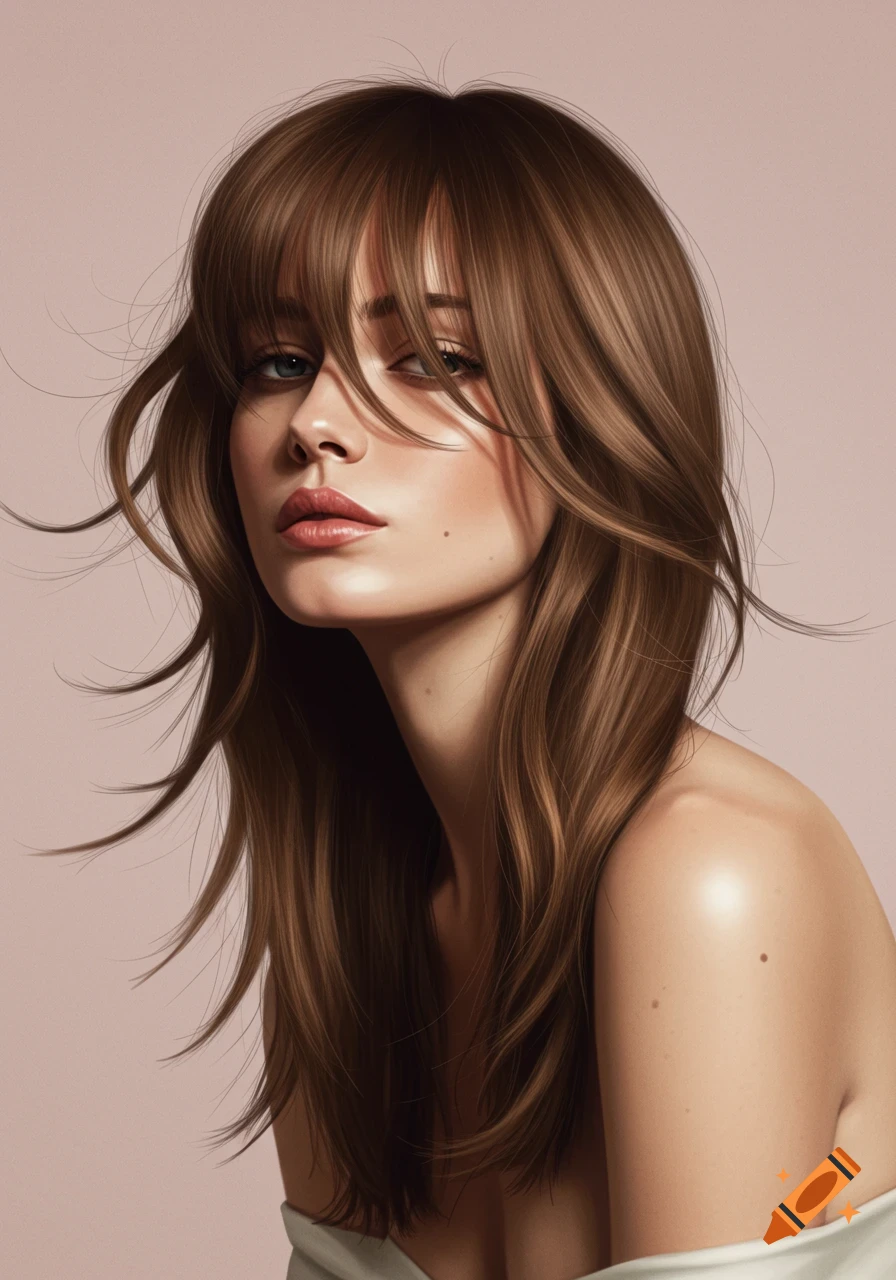 A stylized portrait of a young woman with long brown hair and bangs, looking directly at the viewer, against a light pink background.
