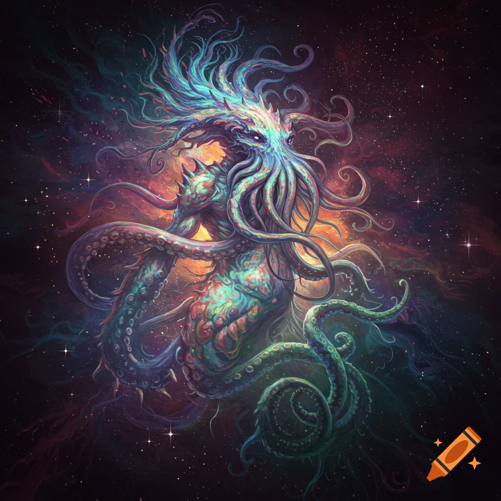A vibrant cosmic monster with tentacles and spiky features set against a dark, starry nebula.