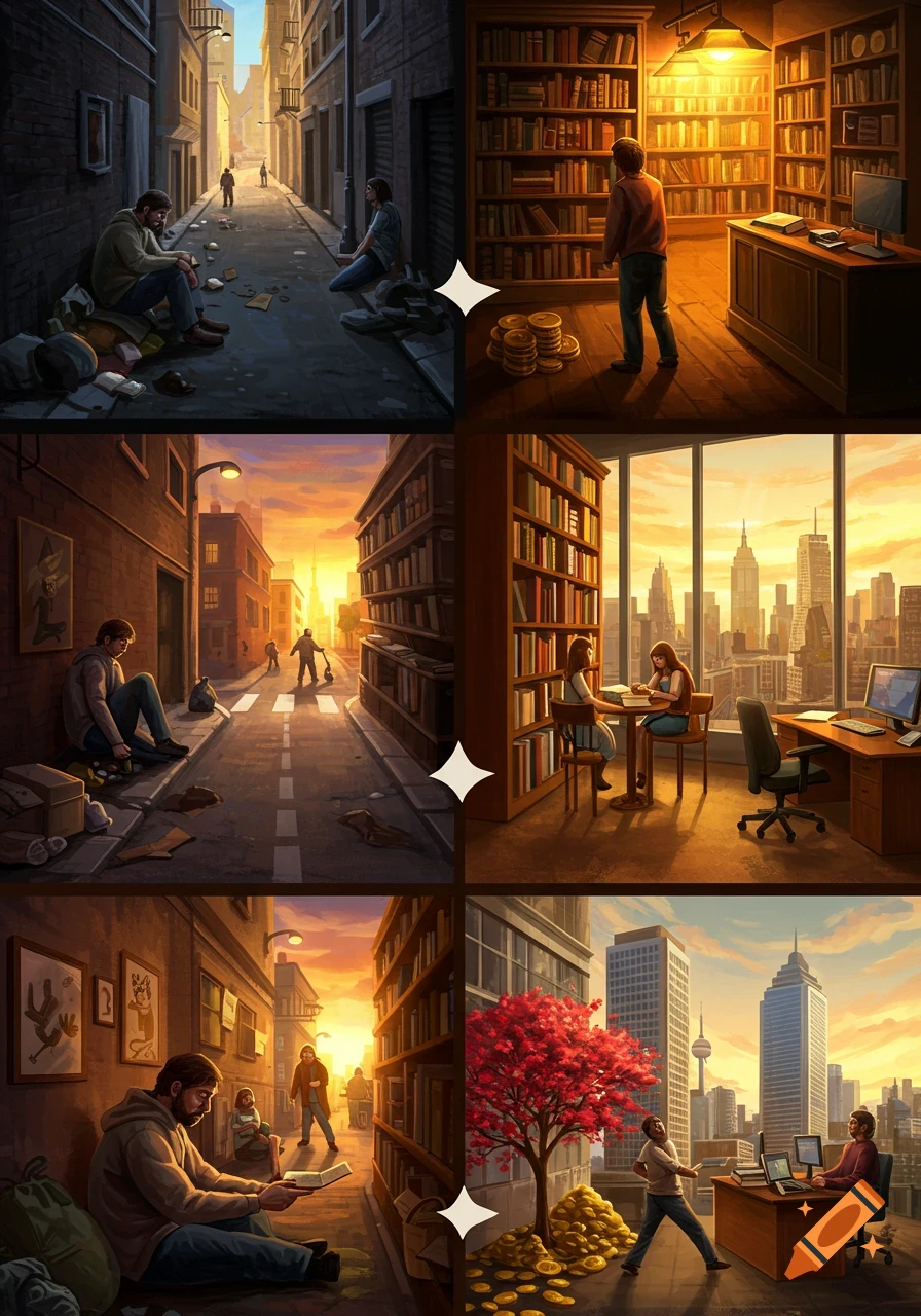 Six-panel illustration of a person's journey from homelessness in an alley to wealth in a city penthouse, featuring books and money.