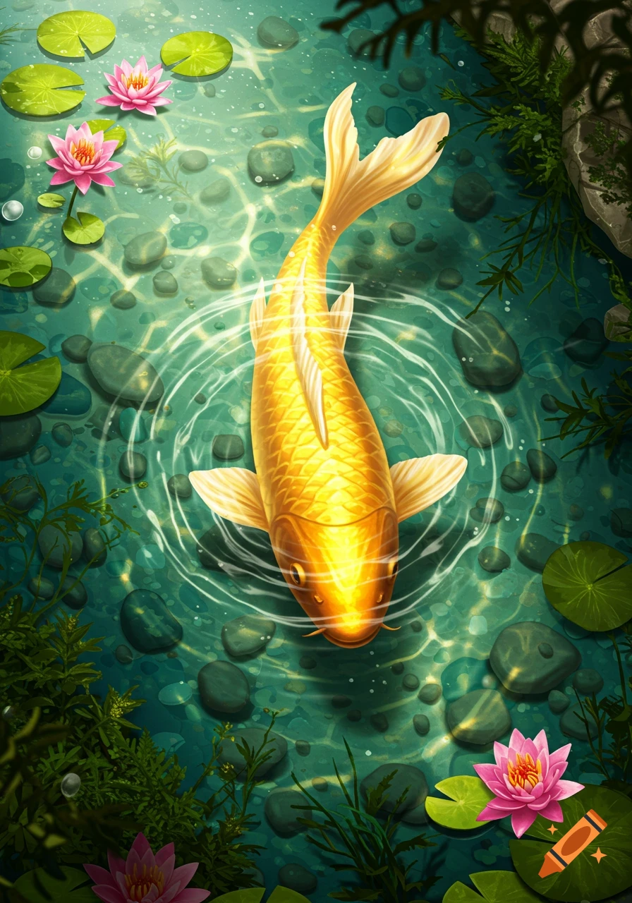 A vibrant golden koi fish swims in a clear pond surrounded by green lily pads and pink water lilies.