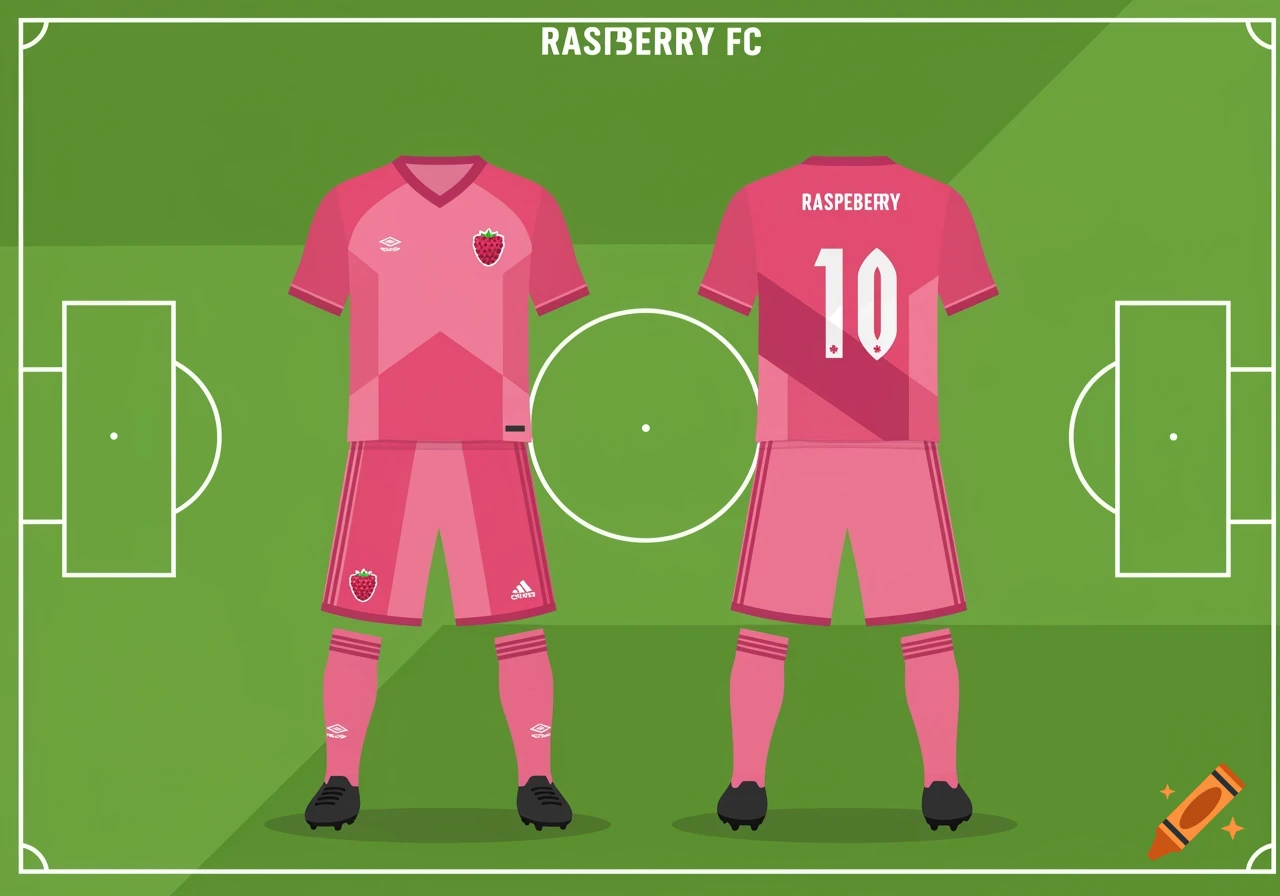 Two pink football kits, front and back view, with raspberry logos and the number 10, set on a green soccer field in a flat illustration style.