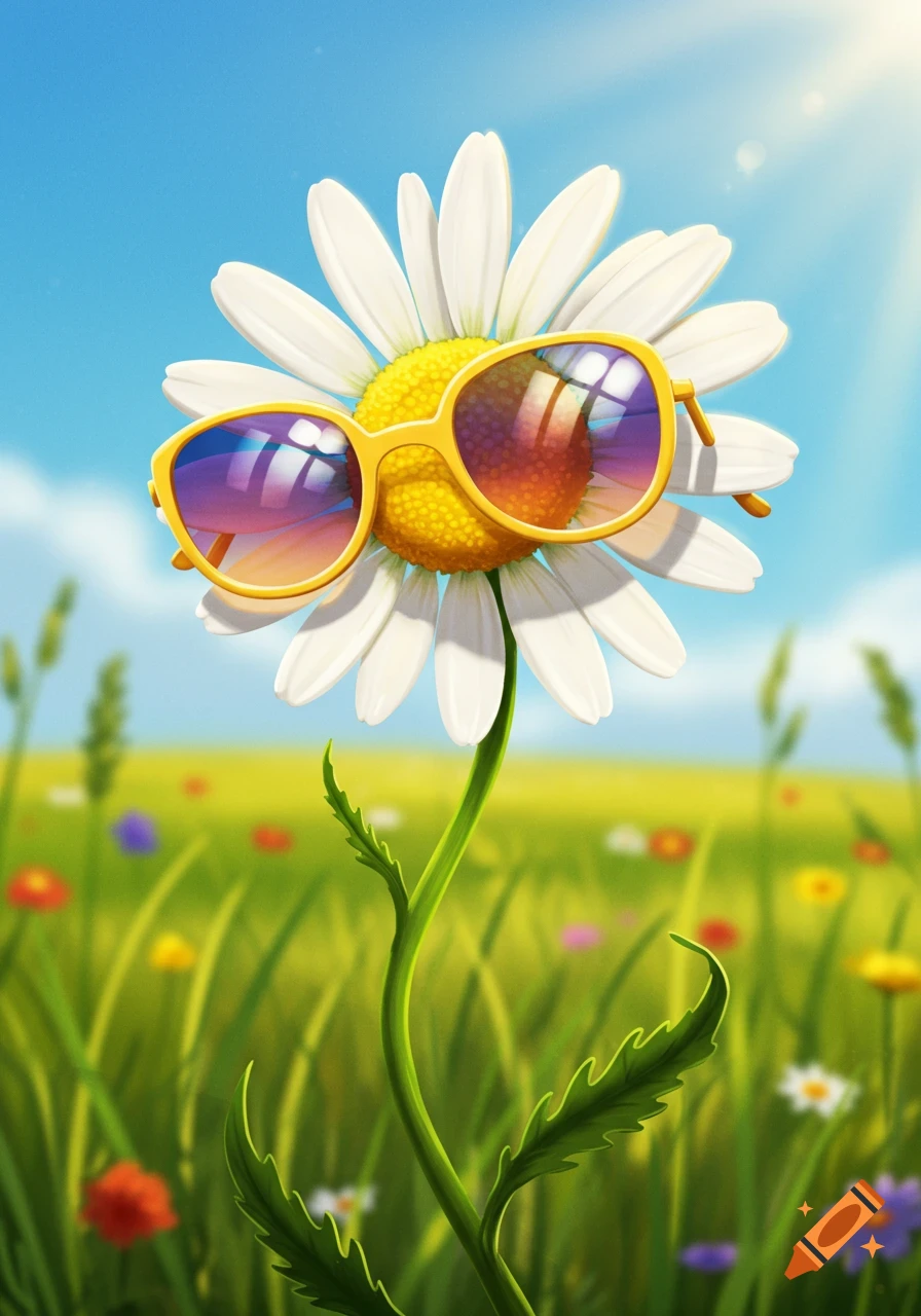 A vibrant, cartoon-style daisy wearing yellow sunglasses stands in a field of wildflowers under a bright blue sky.