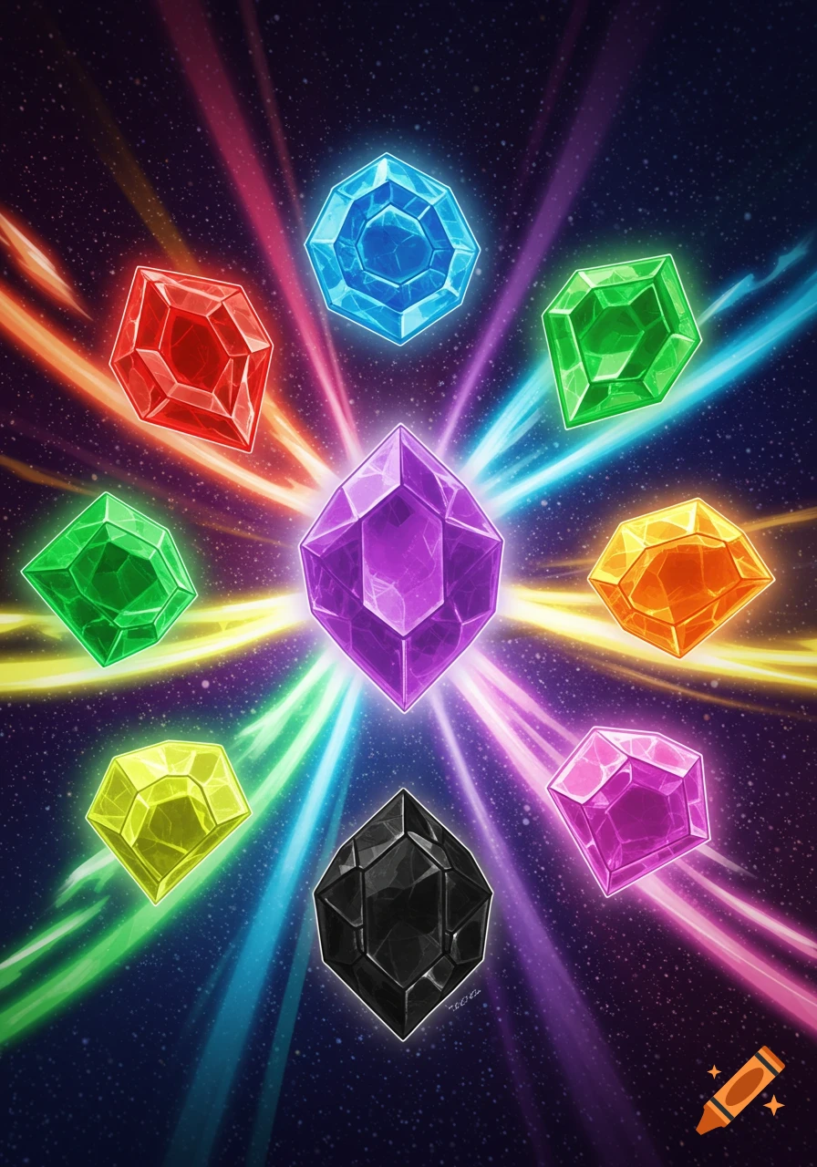 Vibrant, faceted gems in multiple colors radiate light beams against a starry space background.