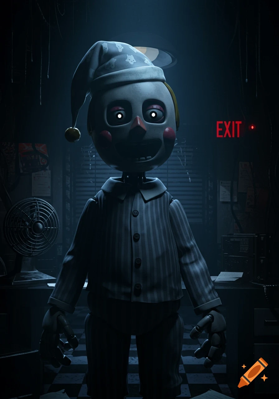 A creepy animatronic character wearing striped pajamas and a nightcap, standing in a dimly lit room with a red 'EXIT' sign.
