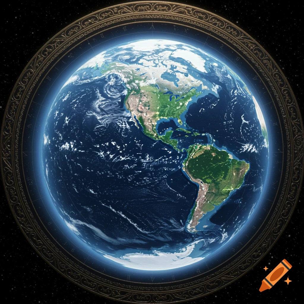 A detailed view of Earth showing the Americas, encircled by a decorative golden ring with faint markings, set against a starry black background.