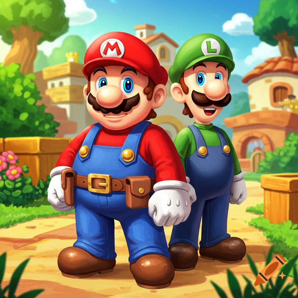 Cartoon illustration of Mario and Luigi standing in a vibrant, colorful village.