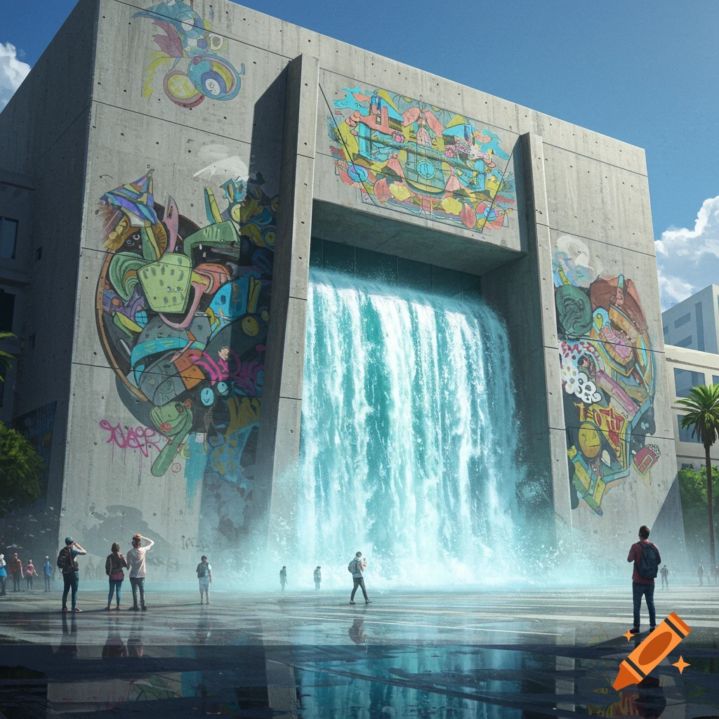 A brutalist concrete building in an arts district with colorful murals and a massive waterfall flowing from its center, observed by people on a wet plaza.