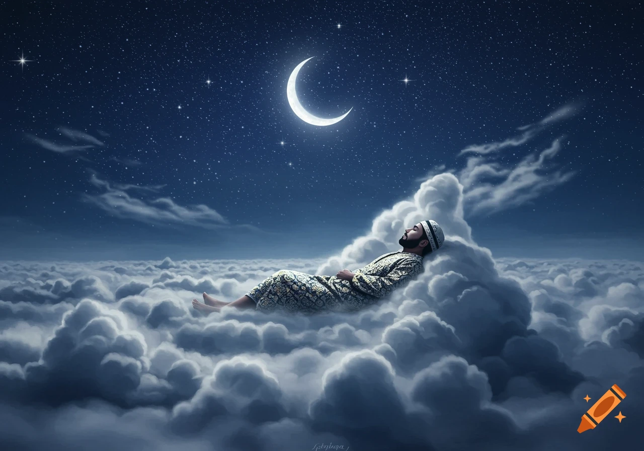 A man wearing a patterned robe and cap sleeps peacefully on fluffy white clouds under a dark night sky with a crescent moon and stars.