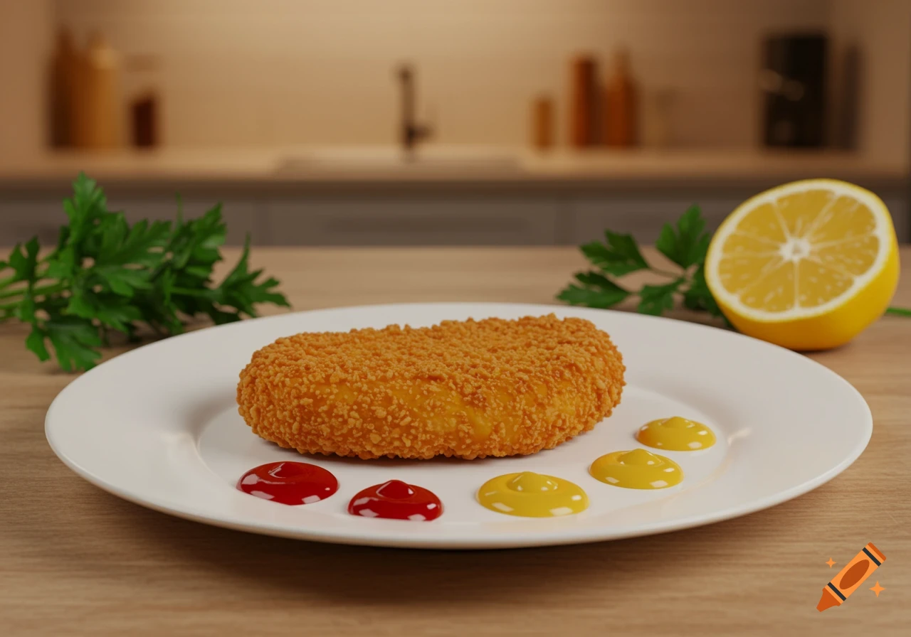 A golden-brown breaded chicken cutlet on a white plate with red ketchup and yellow mustard dollops, parsley, and a lemon half on a wooden counter.