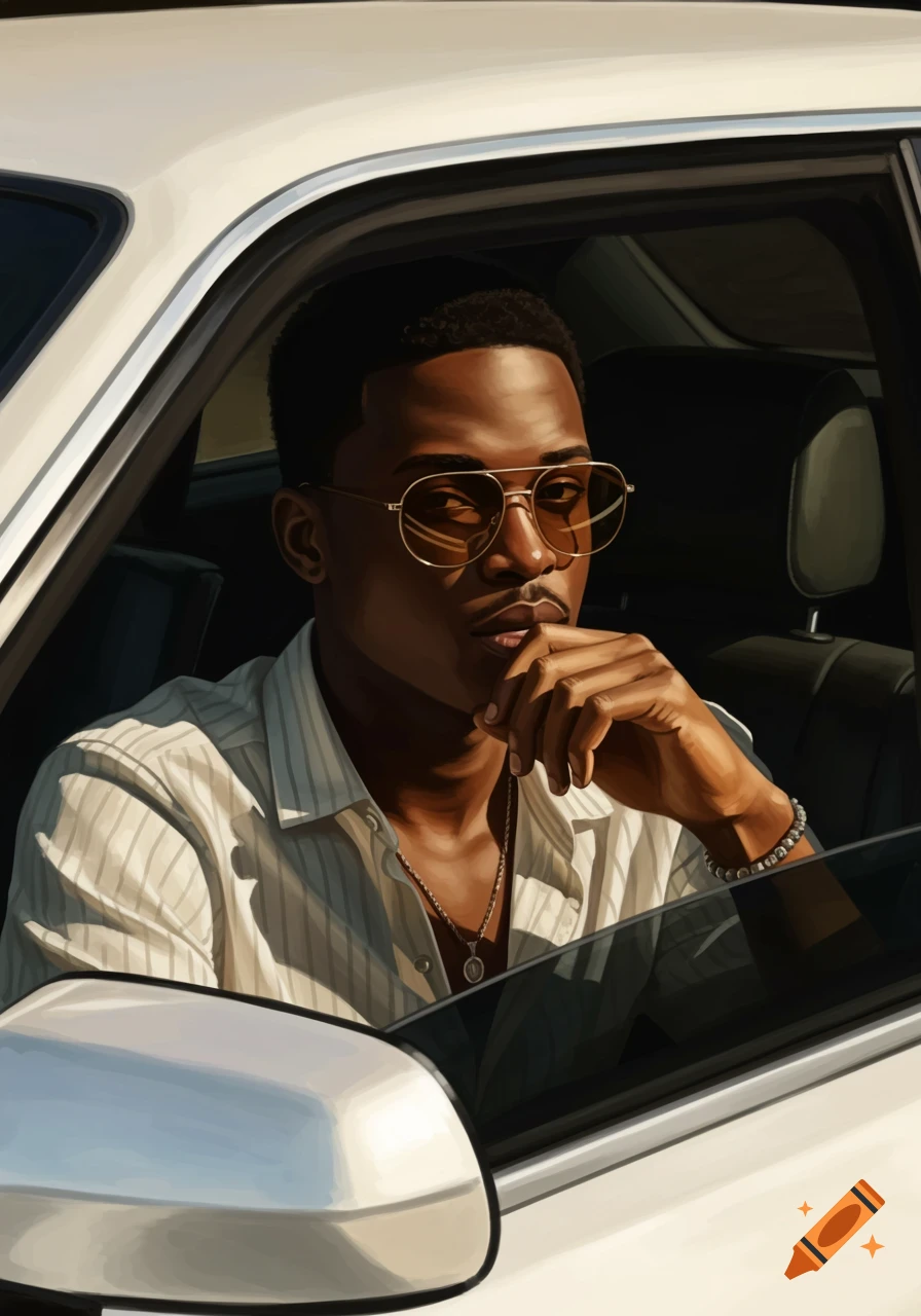 A stylish young man with dark sunglasses and a striped shirt sits in a white car, looking thoughtful with his hand near his mouth. Photorealistic style.