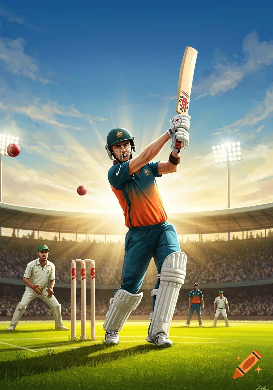 A cricket player in orange and blue uniform swings a bat at a cricket ball in a sunlit stadium, with other players and spectators visible.