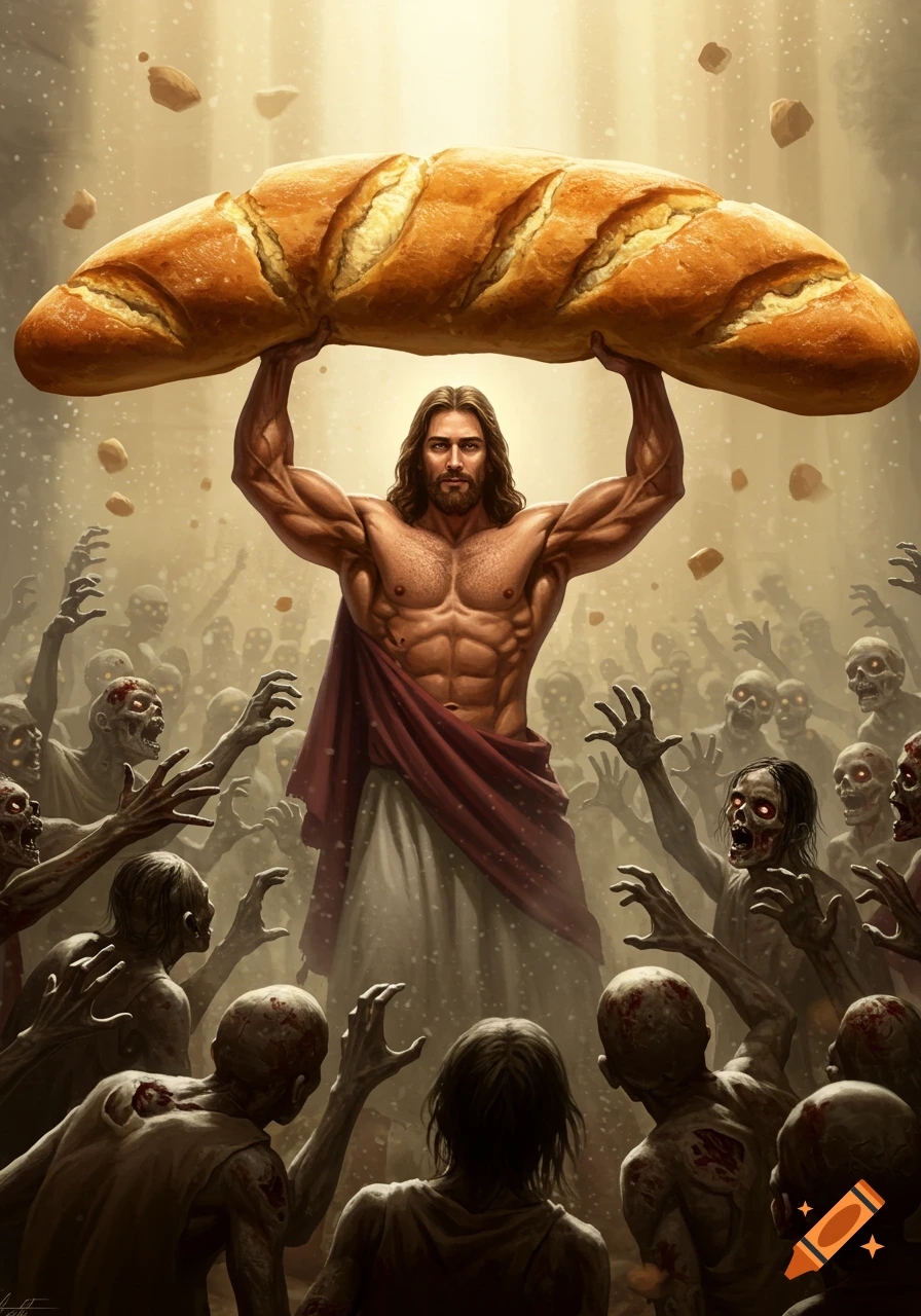 A super muscular Jesus lifts a huge loaf of bread over his head, surrounded by a crowd of reaching zombies in a hazy, golden light.