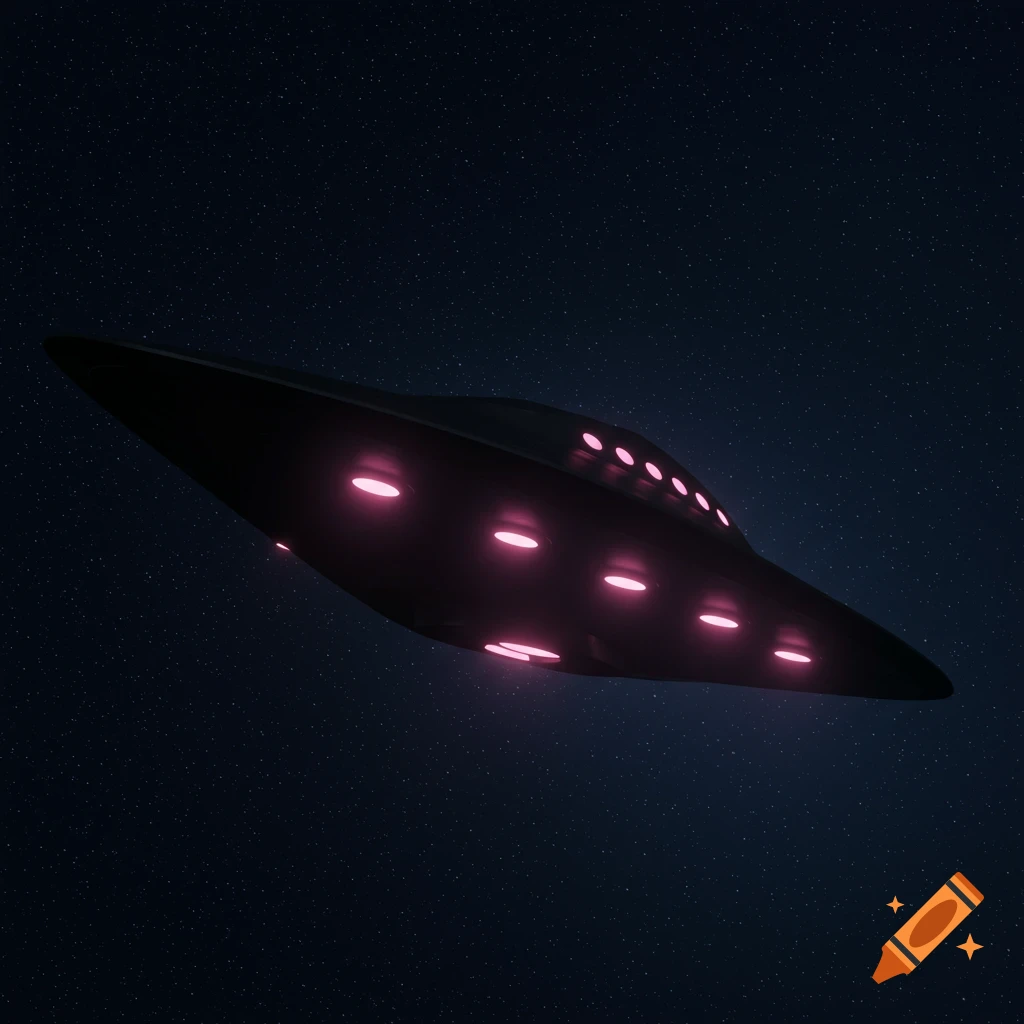 A dark triangular UFO with glowing pink lights flies against a starry dark blue night sky.