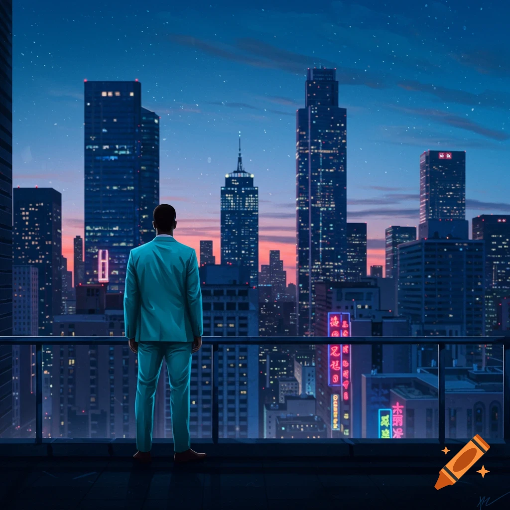 A man in a teal suit stands on a rooftop, looking out at a vibrant, illuminated city skyline at dusk.