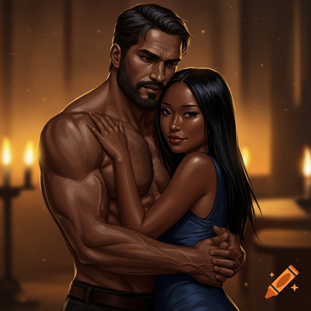 A dark-skinned, bearded, muscular man embraces a dark-haired woman in a blue dress, in a warm, candlelit digital illustration.