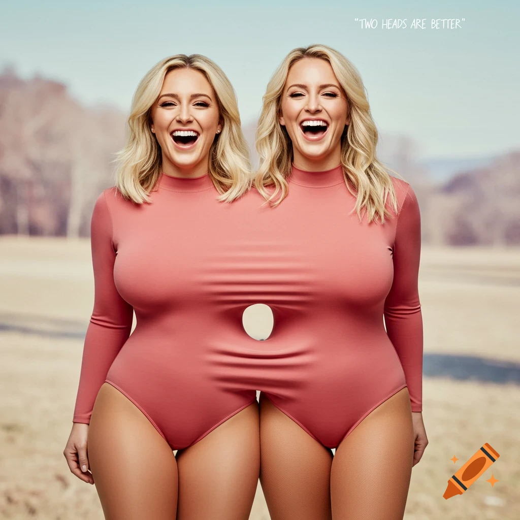 Two blonde women conjoined at the torso, sharing a pink leotard, laughing outdoors. Text: 'TWO HEADS ARE BETTER'.