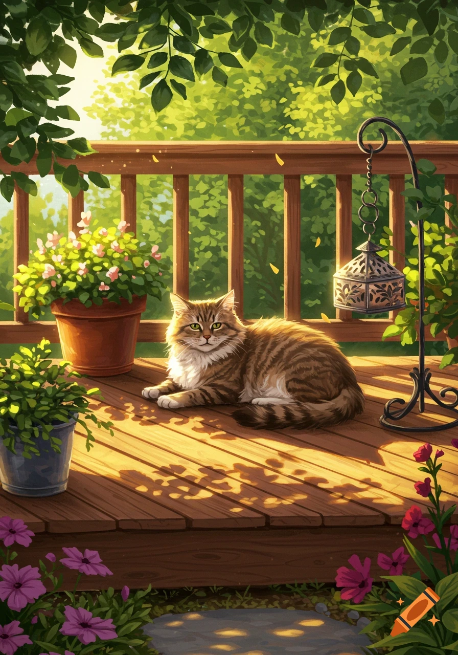 A tabby cat lies on a sunny wooden backyard deck surrounded by green plants and flowers.