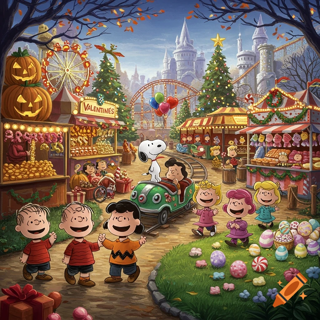 The Peanuts gang, including Snoopy and Charlie Brown, at a whimsical amusement park themed for multiple holidays with rides and stalls.