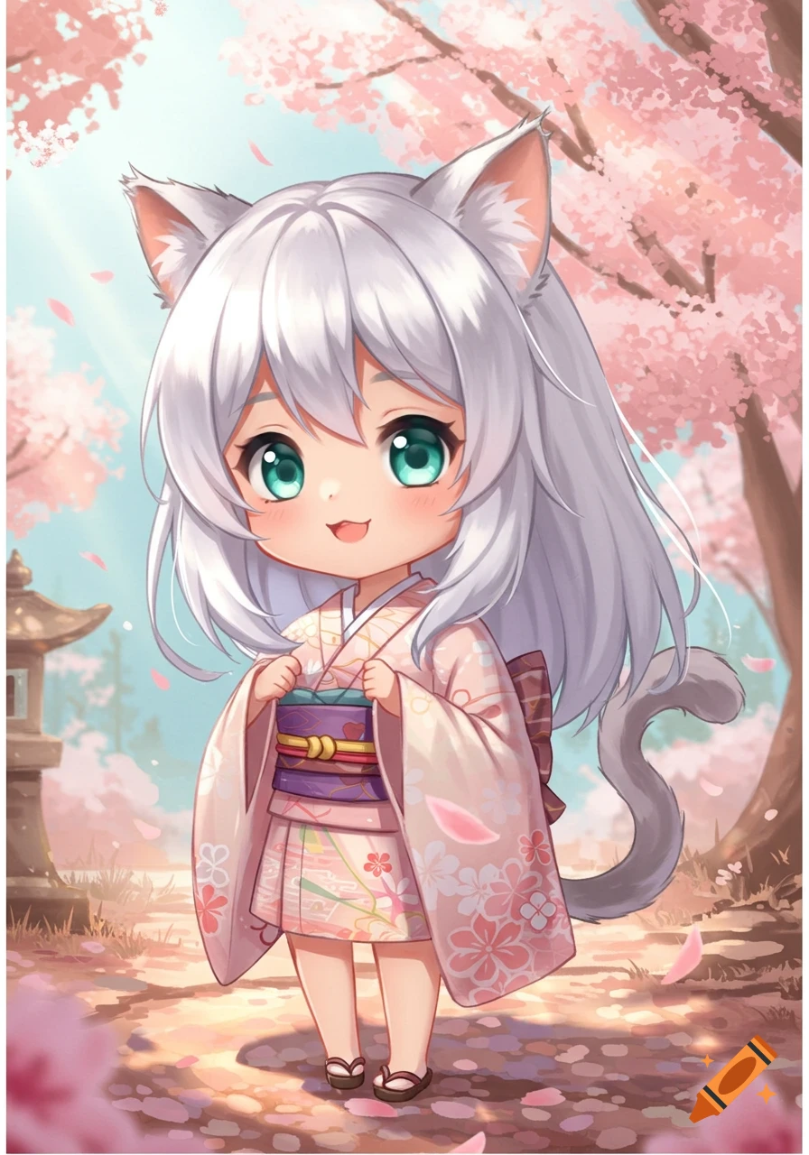 Cute chibi cat girl in a pink kimono standing under cherry blossoms with a stone lantern in the background.