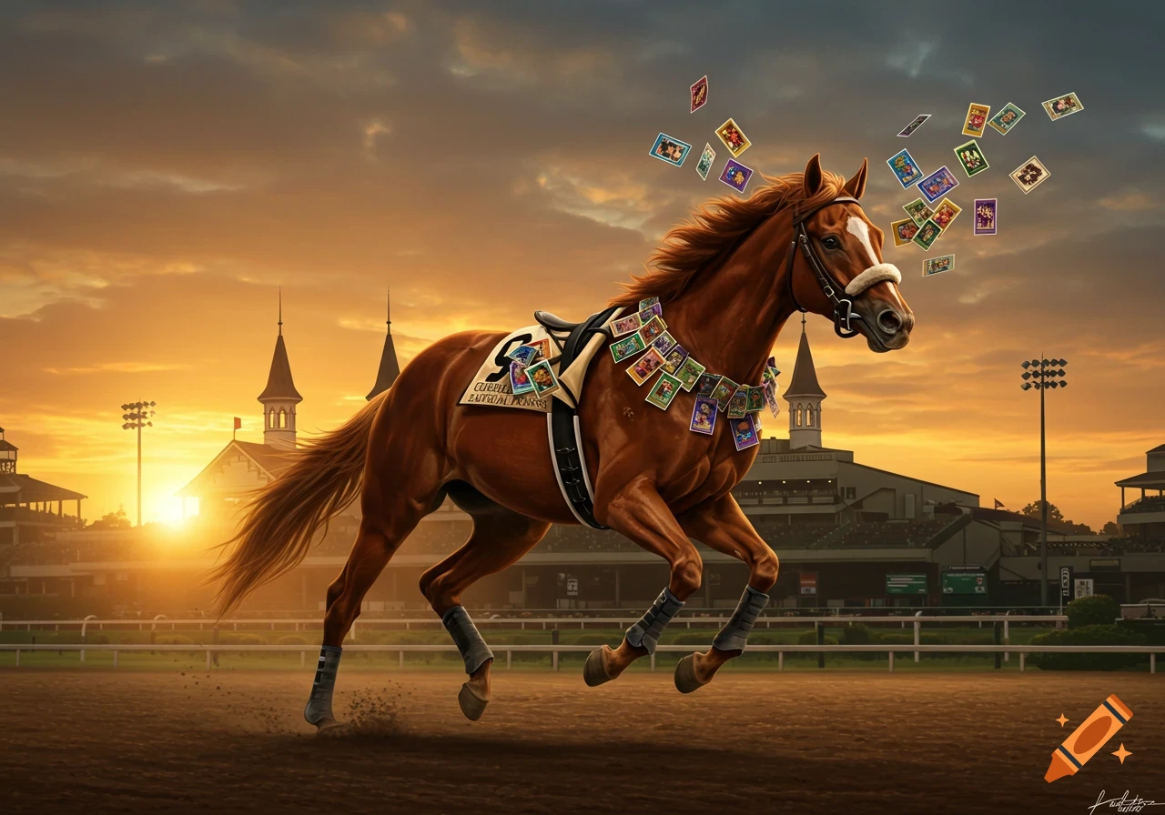 A photorealistic image of a brown racehorse running on a dirt track at sunset, wearing a garland of colorful trading cards, with the iconic Churchill Downs twin spires in the background.