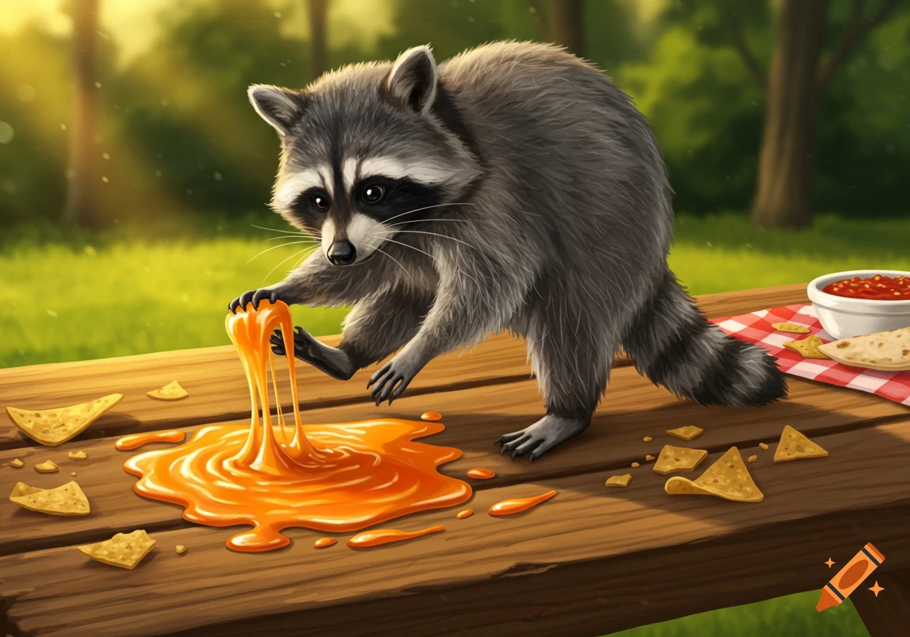 A curious raccoon dips its paw into a gooey puddle of nacho cheese on a wooden picnic table outdoors, surrounded by tortilla chips and salsa.