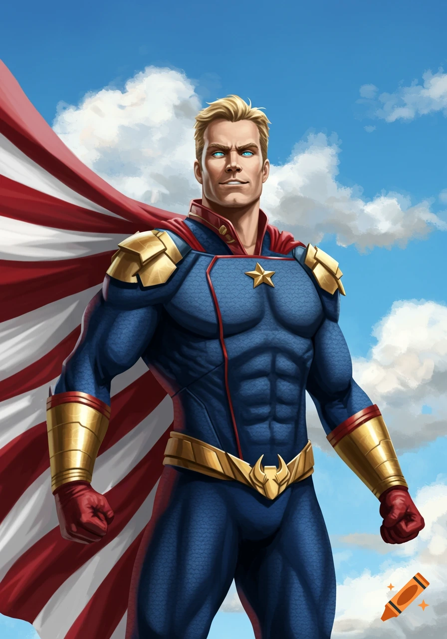 A muscular superhero in a blue suit with gold accents and a red and white striped cape stands against a blue sky.