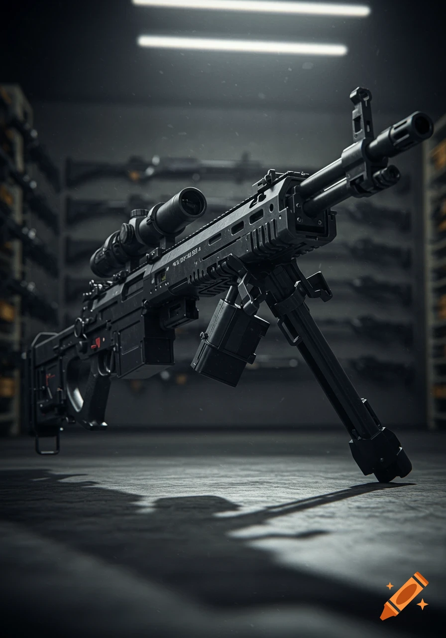 A black, futuristic-looking tactical rifle with a scope and bipod stands in a dimly lit armory.