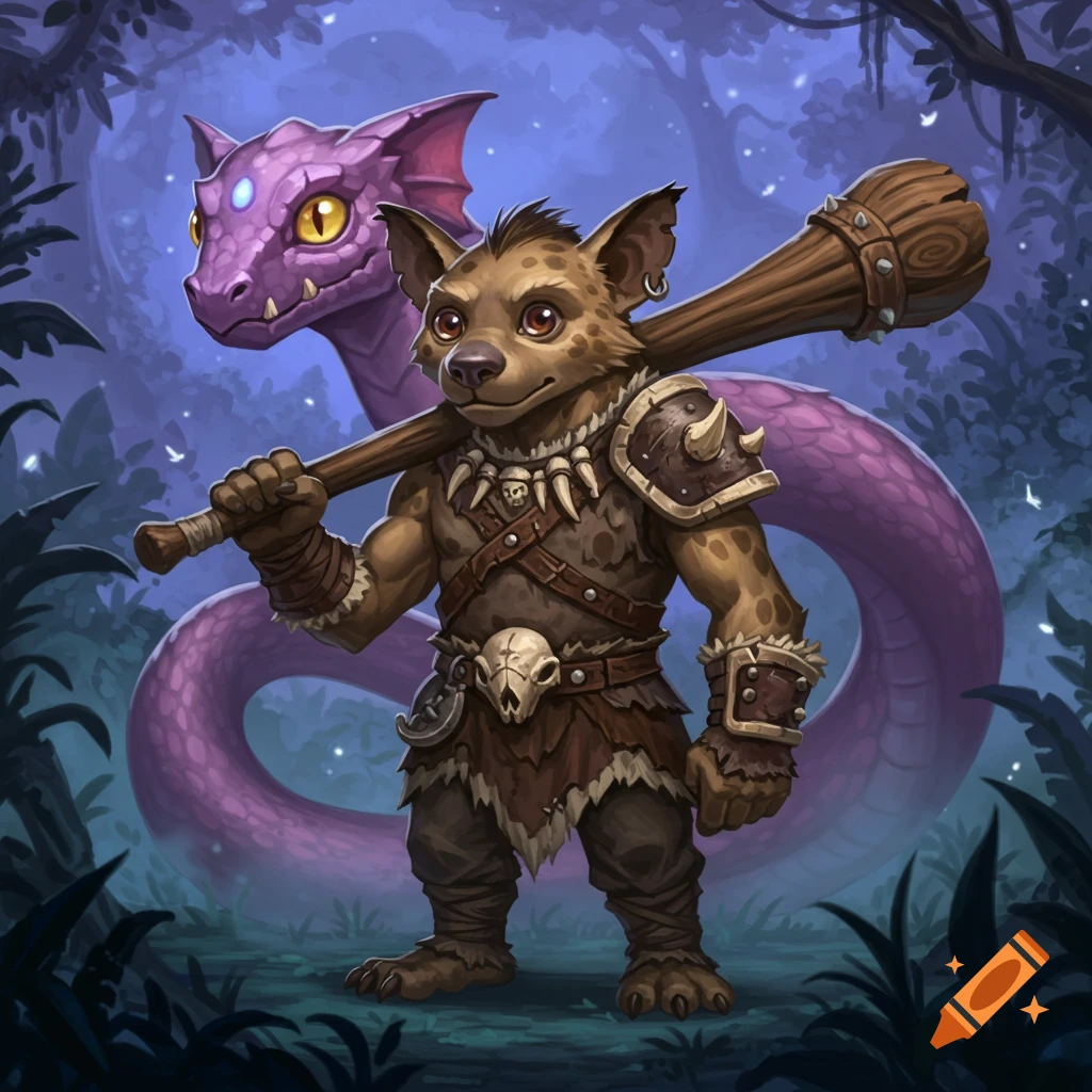 A cute gnoll warrior with a club stands in a forest with a purple dragon-like creature behind him, stylized fantasy art.