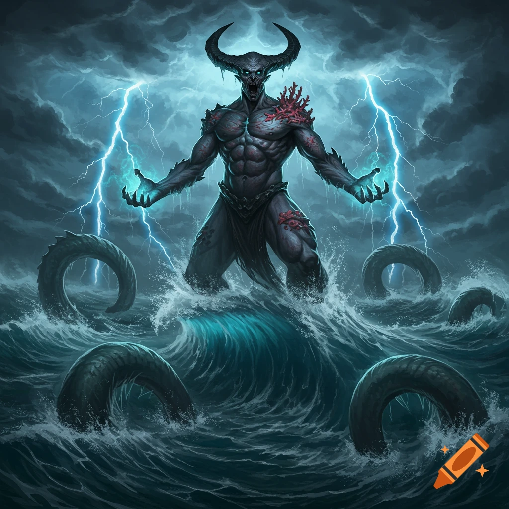 A powerful, horned demon god stands in stormy dark ocean waves, conjuring lightning from its glowing hands under a turbulent sky.