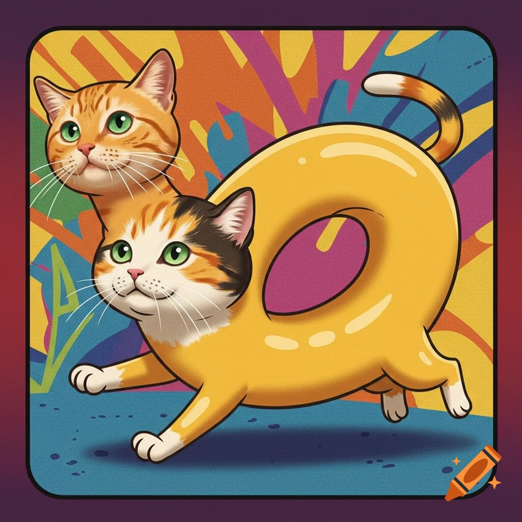Cartoon two-headed cat creature with orange tabby and calico heads, a yellow donut body, on colorful abstract background.