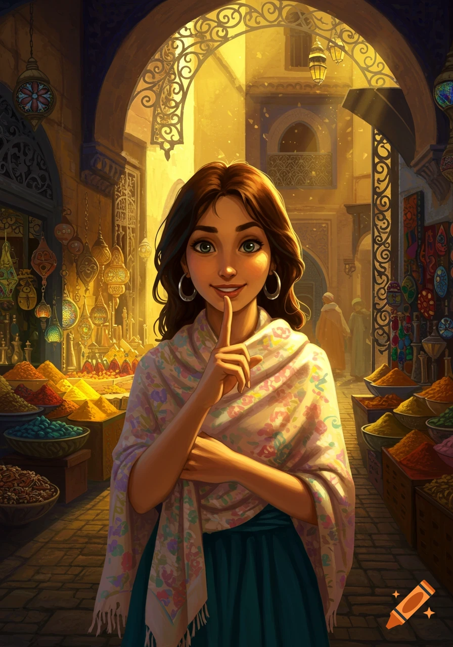 A cute animated woman with a finger to her lips stands in a vibrant, golden-lit market filled with spices and lanterns.
