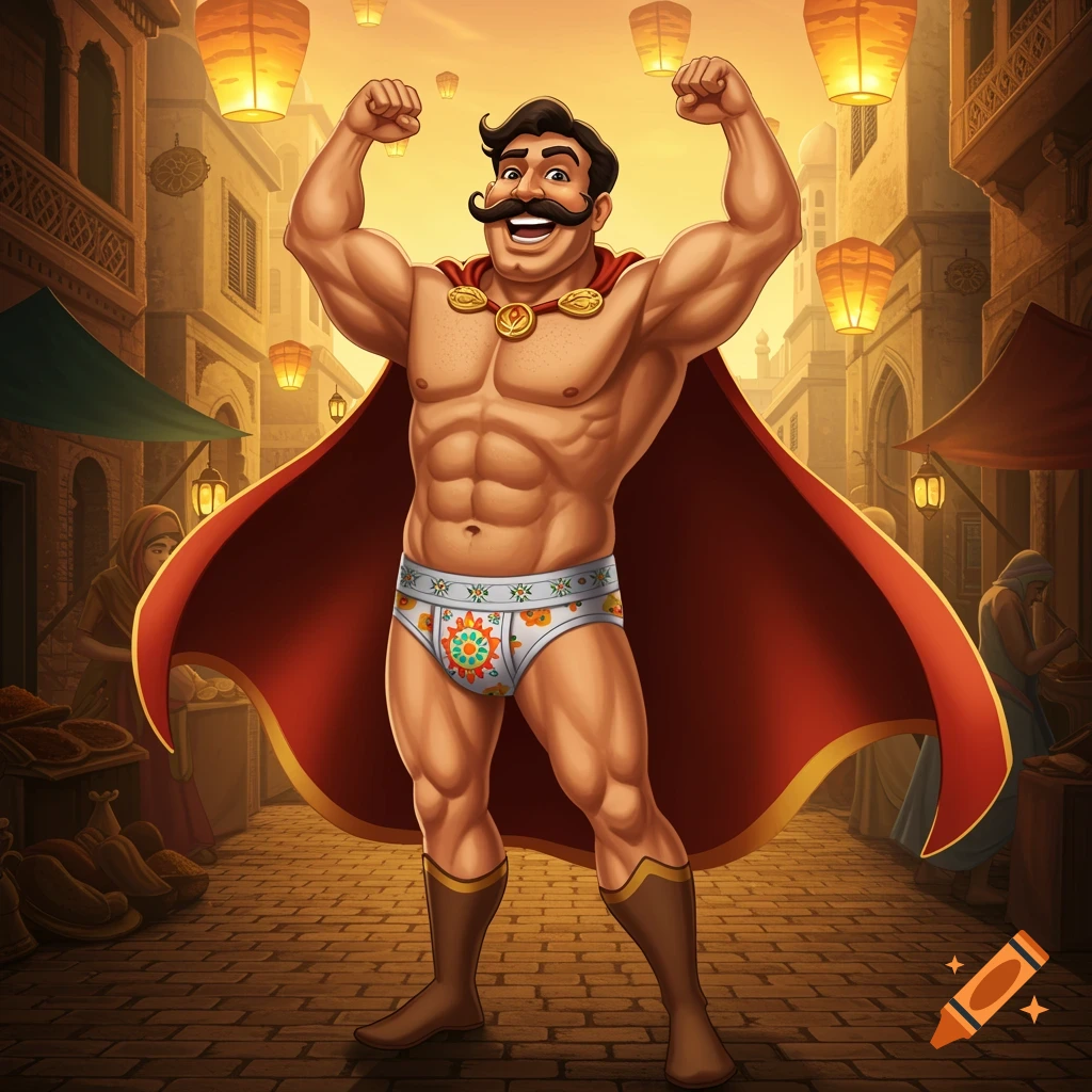 A muscular, cartoonish man with a large mustache and cape flexing in white patterned underwear on a market street with lanterns.