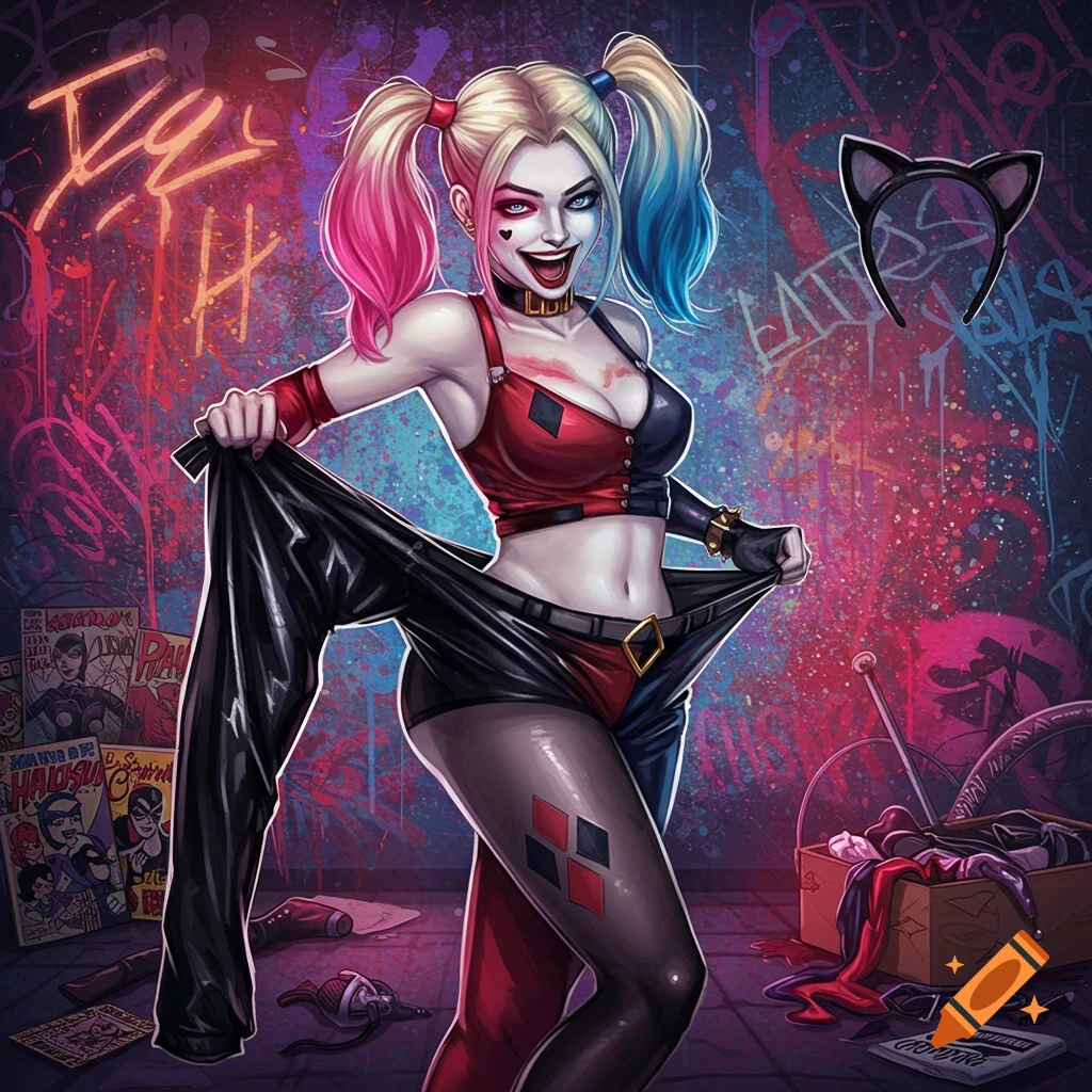 A vibrant illustration of Harley Quinn with pink and blue pigtails, holding down black pants, in a graffiti-covered room.