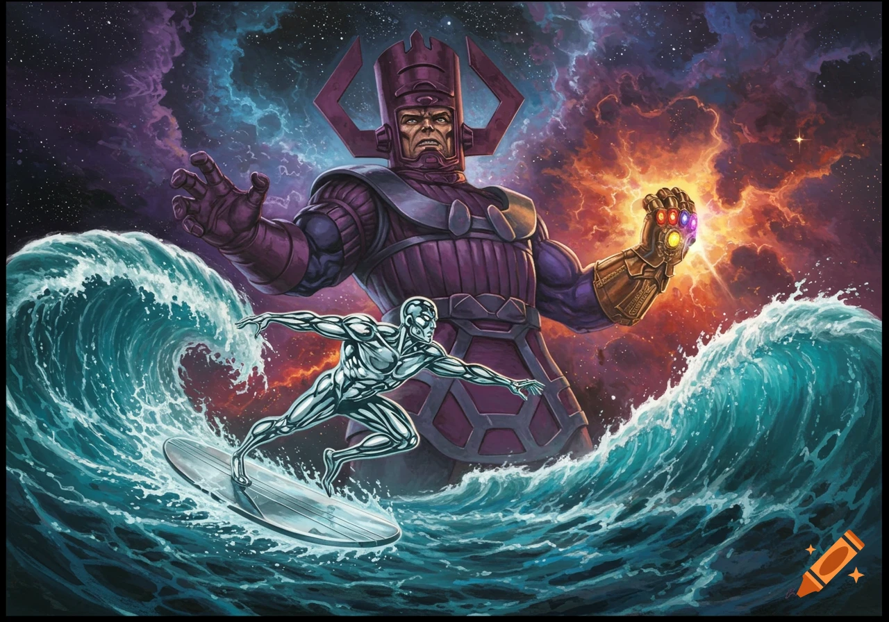 Galactus looms in space, with Thanos's Infinity Gauntlet. Silver Surfer surfs a large wave in the foreground.