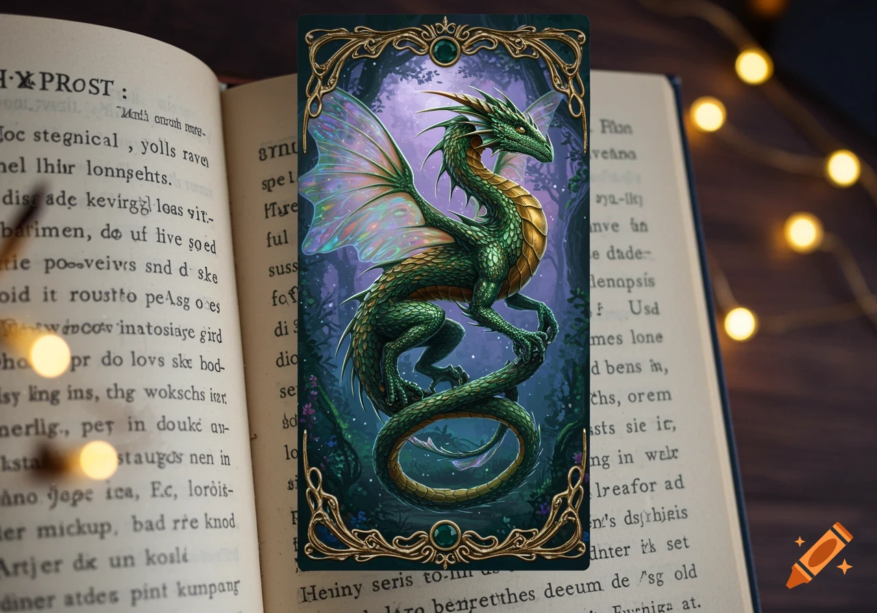 A vibrant green and gold dragon with iridescent wings depicted on an ornate fantasy bookmark, lying open on the pages of an old book with blurred fairy lights in the background.