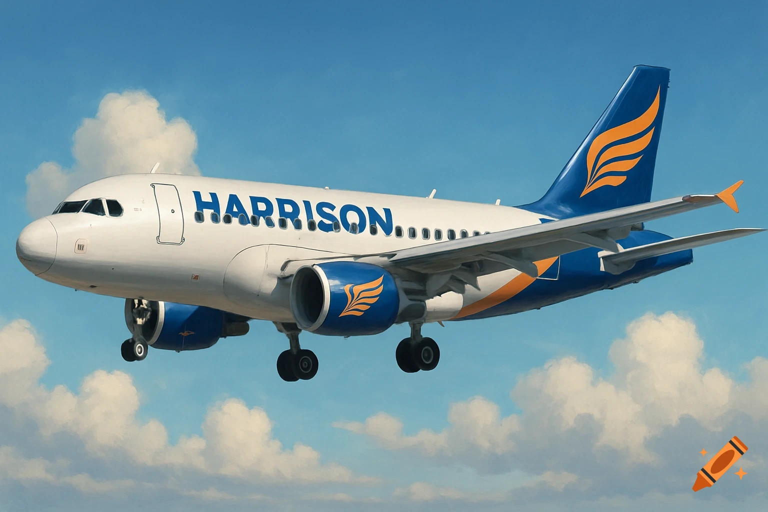 A white, blue, and orange Airbus A319 airplane with 'HARRISON' written on its side, flies in a blue sky with white clouds.