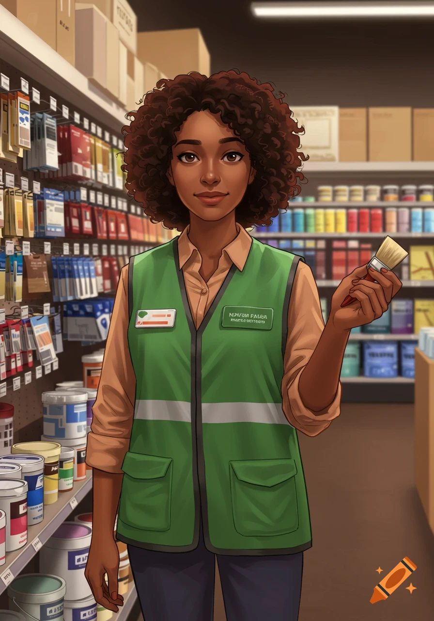 A smiling Black woman with curly hair, wearing a green vest and an orange shirt, holds a paintbrush in a home improvement store's paint department in a realistic cartoon style.