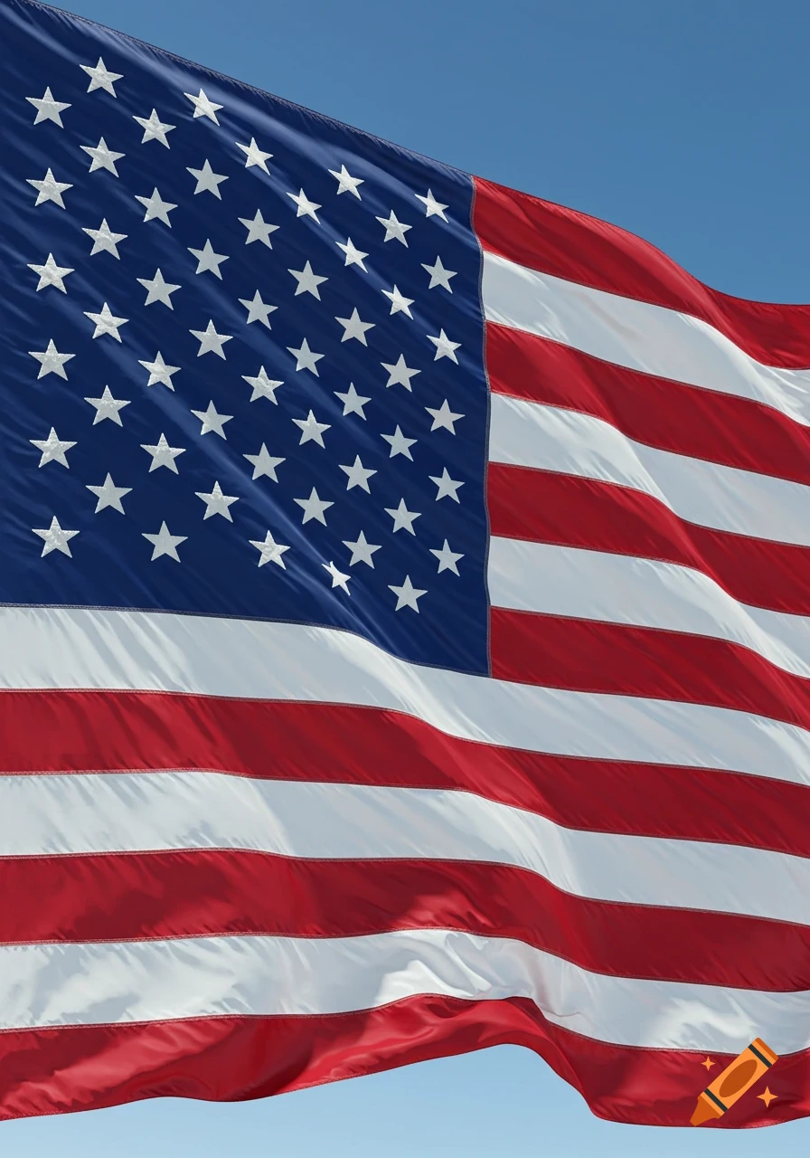 A close-up, photorealistic image of a waving American flag against a clear blue sky.