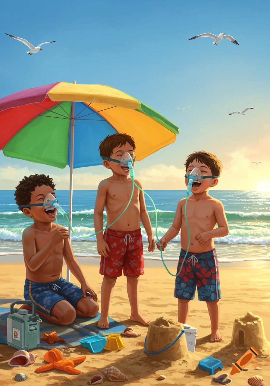 Three boys wearing oxygen masks play on a sunny beach with sandcastles and seagulls, under a colorful umbrella.