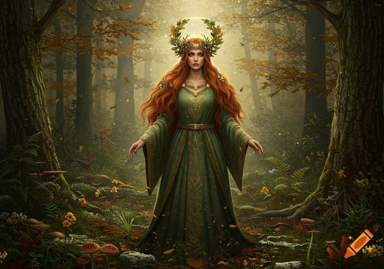 A pagan goddess with long red hair and a leaf crown stands in an ethereal forest, wearing a green gown.