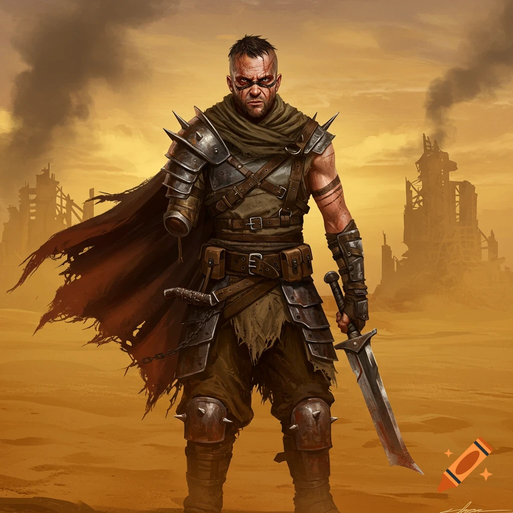 A rugged one-armed man with facial scars, dressed in armor and a torn cape, stands in a post-apocalyptic desert wasteland holding a sword.