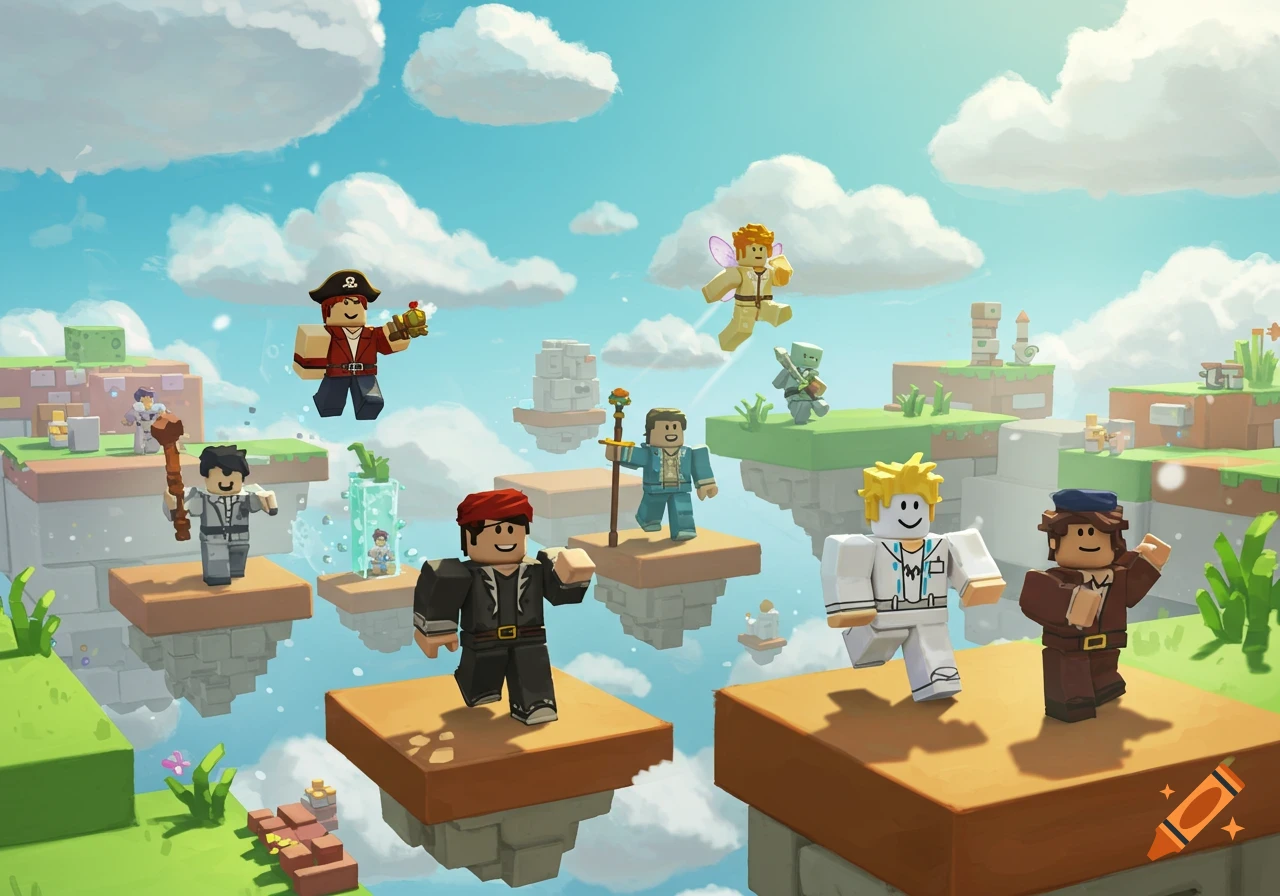 Blocky video game characters float on sky islands in a bright blue sky.