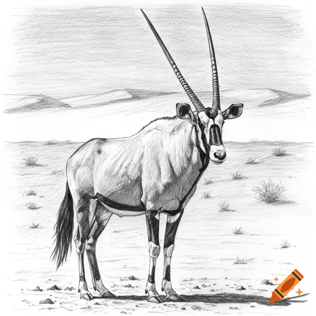 Greyscale sketch of an oryx standing in a desert landscape.
