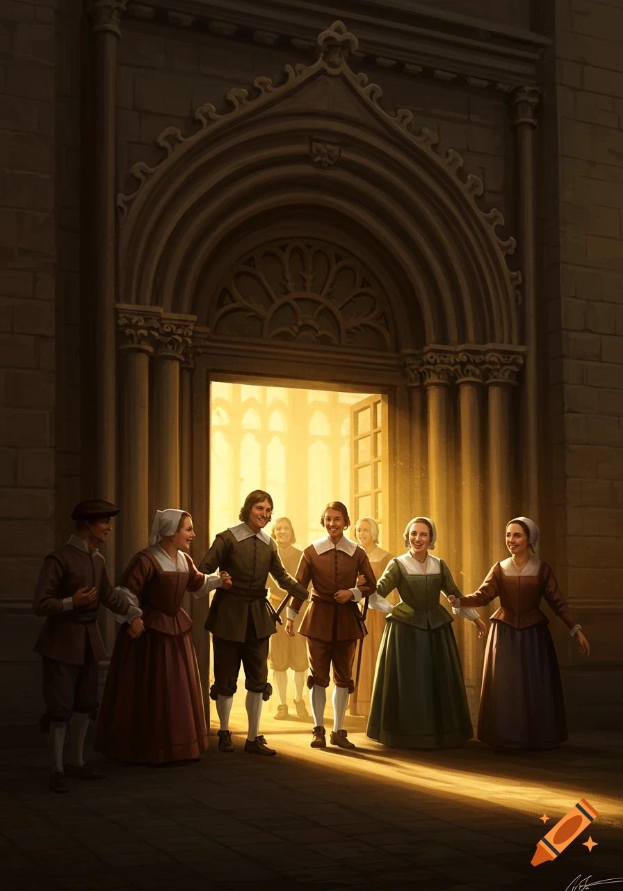 A group of people in historical attire happily walk out of a grand stone archway, bathed in warm golden light from within, in a Vermeer art style.