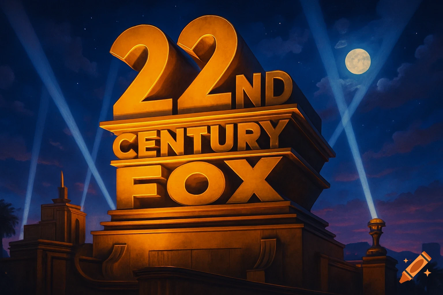 A golden '22ND CENTURY FOX' logo stands under a moonlit sky with searchlights.