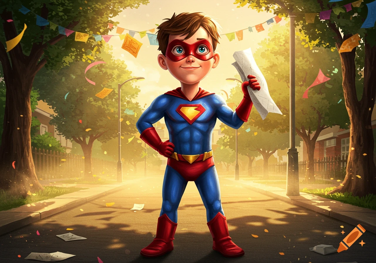A cartoon boy in a blue and red superhero costume with a red mask and cape stands on a sunny street, holding a crumpled paper. Confetti is scattered in the air and on the ground.