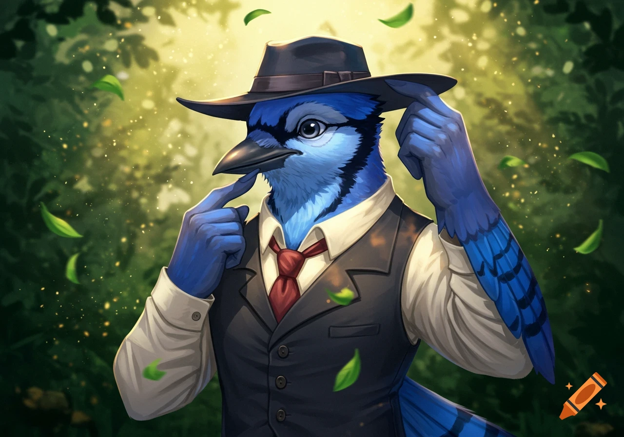 An anthropomorphic blue jay in a suit and fedora touches its beak and adjusts its hat in a vibrant green forest.