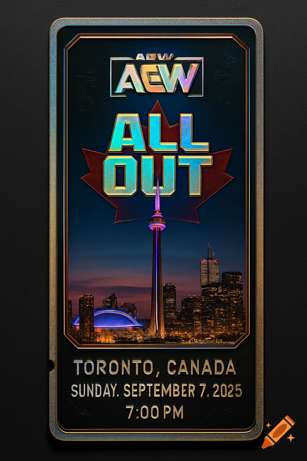 Mock ticket for AEW All Out 2025 featuring the Toronto skyline with the CN Tower at dusk, with event details.