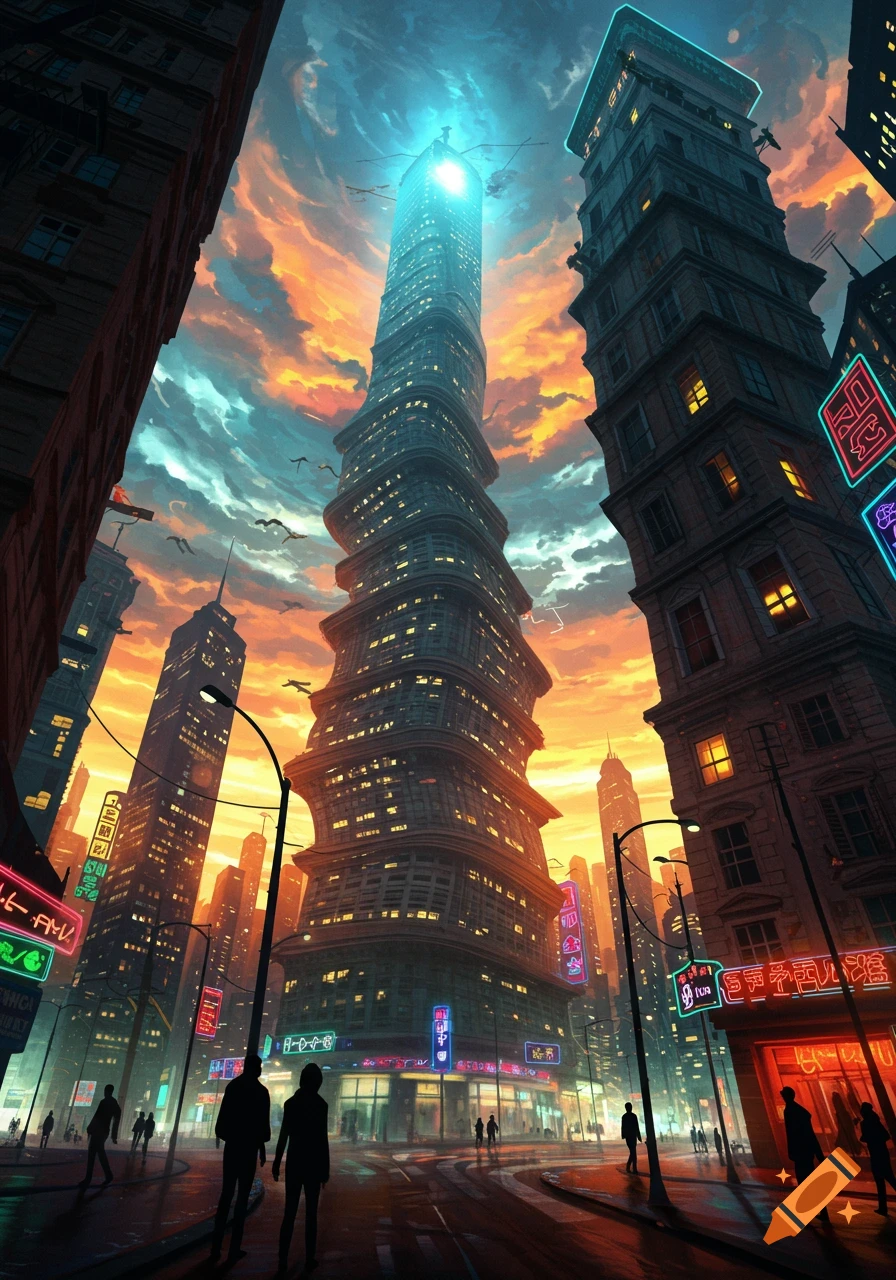 A futuristic cityscape at sunset, with towering, twisting skyscrapers illuminated by neon signs and a vibrant orange and blue sky.